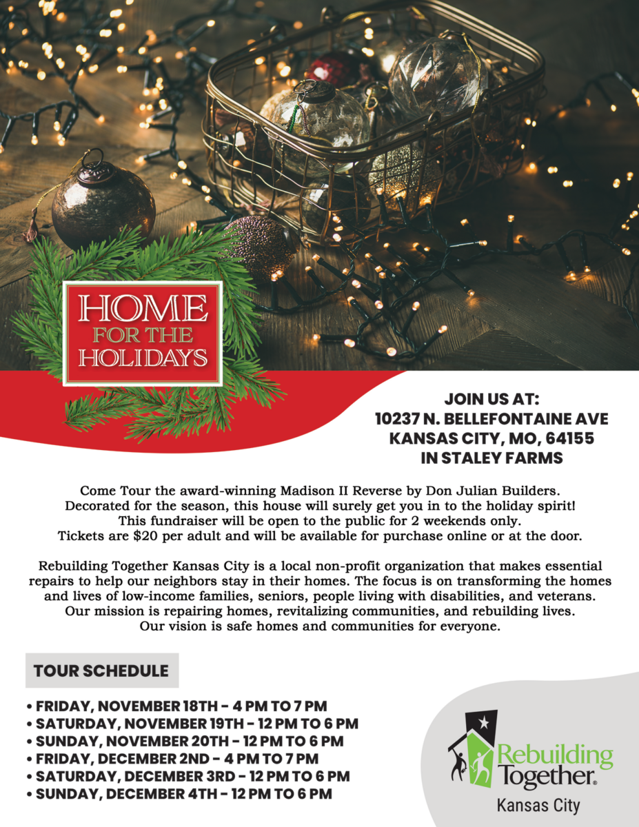 Home For The Holidays flyer showing Christmas Bulbs and lights in a basket at the top and details of the event at the bottom