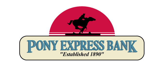 Pony Express Bank logo in red, blue and yellow, Established 1890.