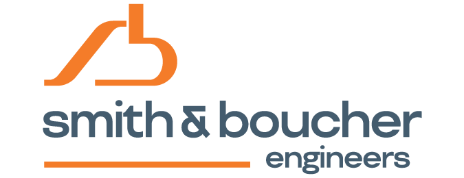smith & boucher engineers in gray and orange font with icon and accent.